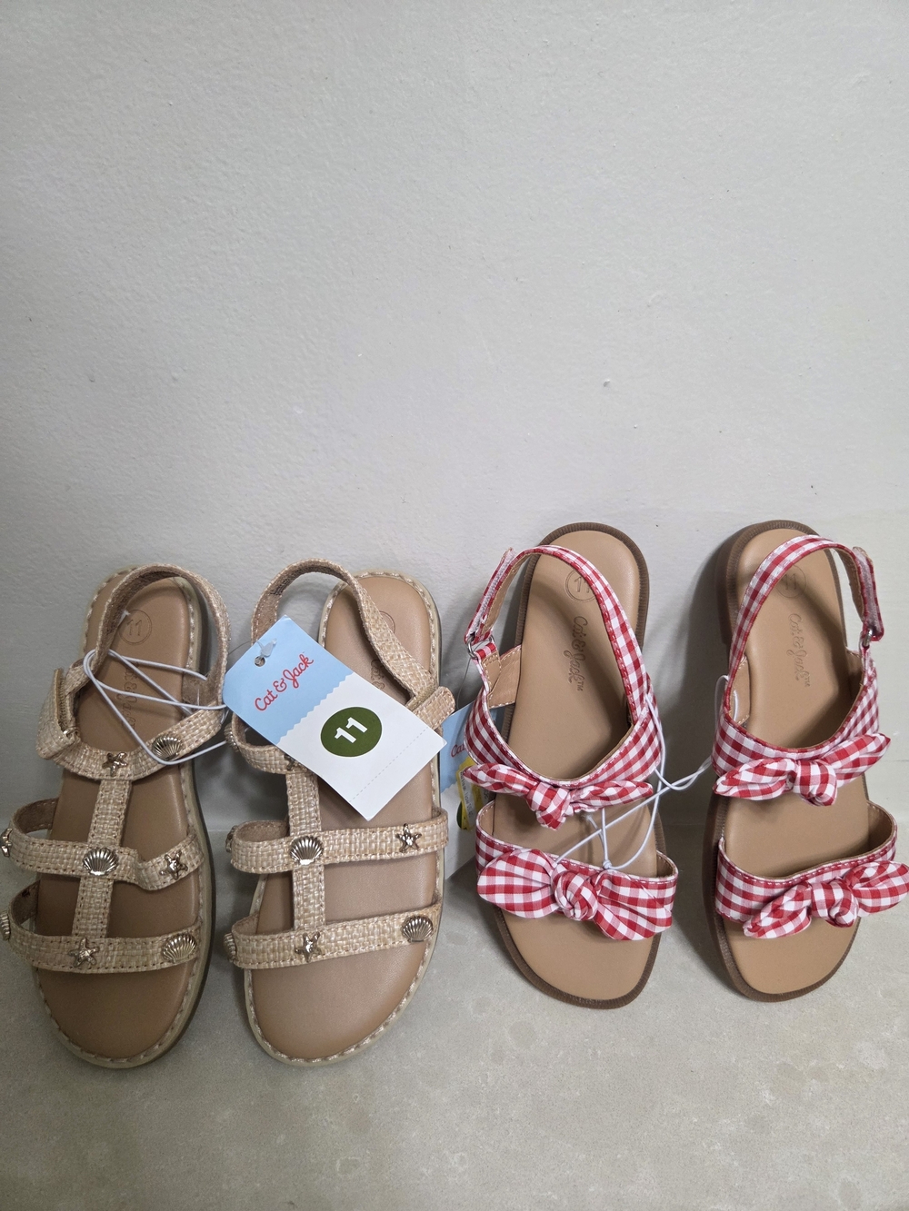 Cat & Jack Kids Beige Braided Sandals & Red Gingham Bow Sandals - Twin Pack